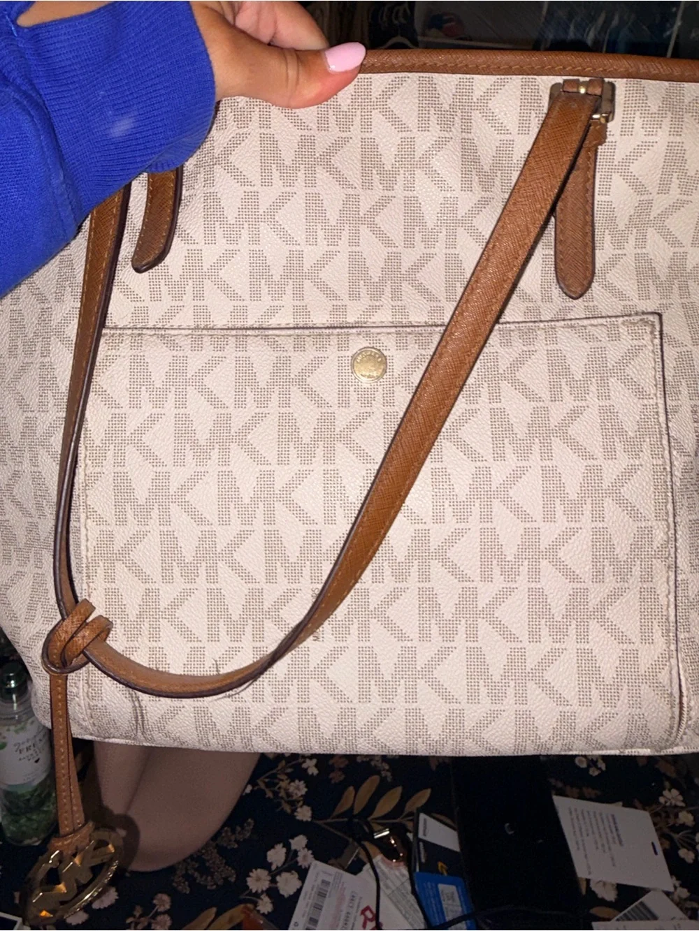Michael Kors Cream Logo Tote with Brown Leather Trim
